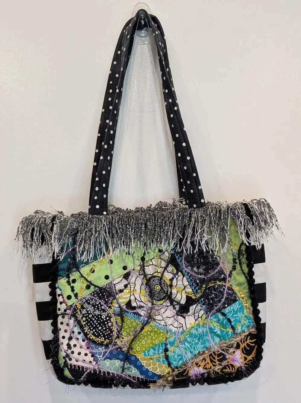 Quilted Patchwork Tote Purse Bag Boho Mixed Media Fringe Pikake Design Embelish